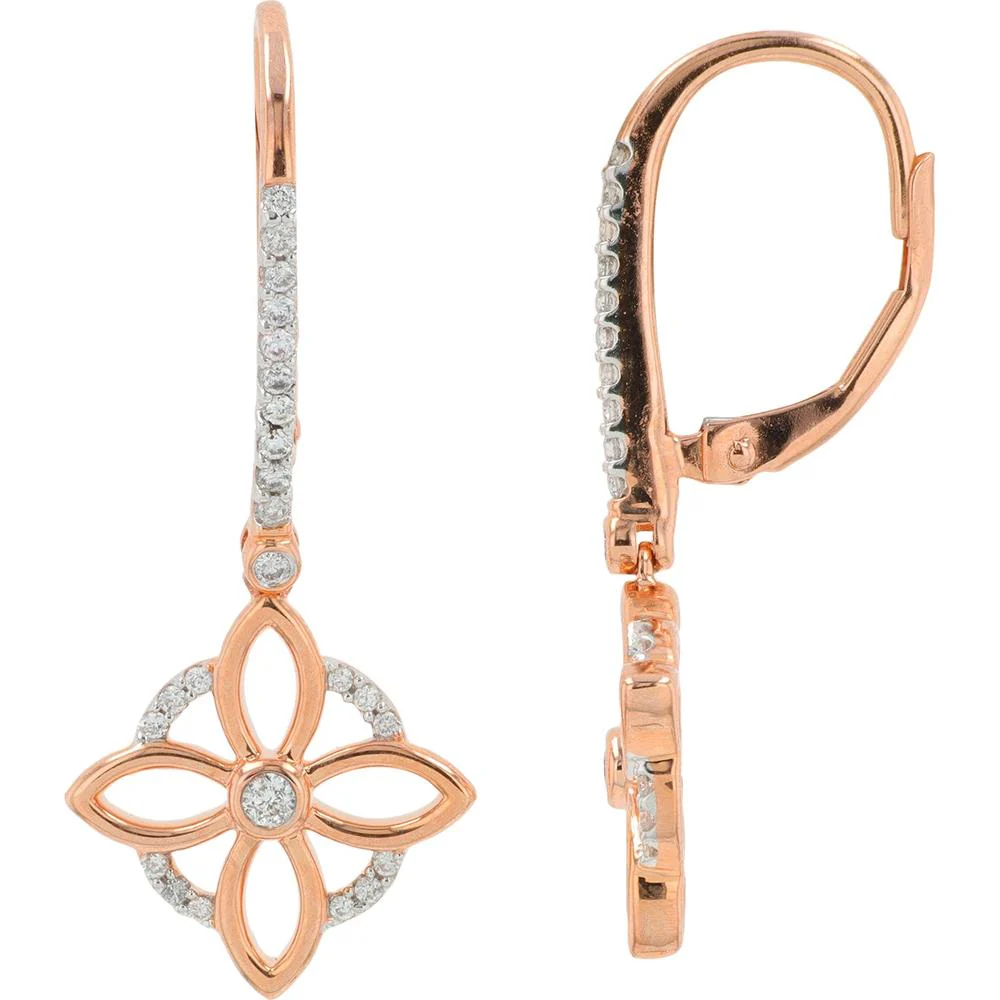 10K Rose Gold Diamond Drop Earrings with Floral Motif - 0.20 Carat Total Diamond Weight