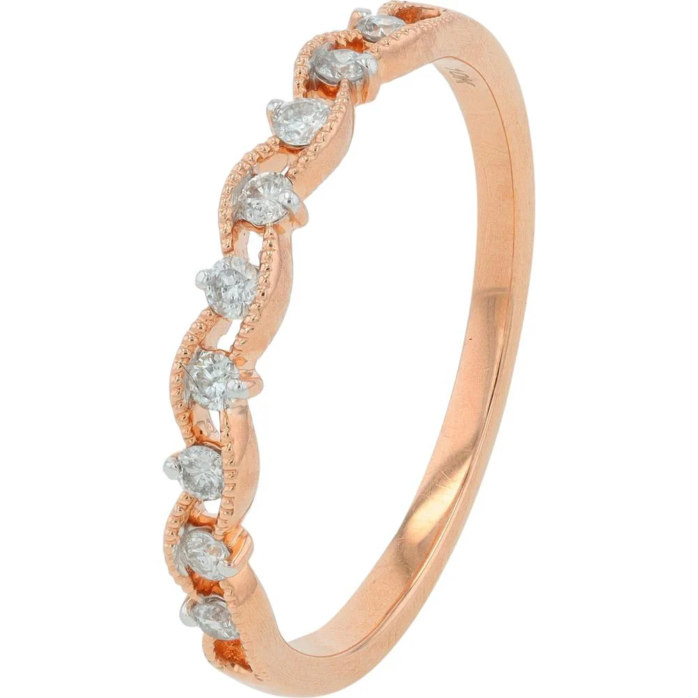 10K Rose Gold Twisted Band with 0.15 Carat Total Weight Round Diamonds - Milgrain Detail