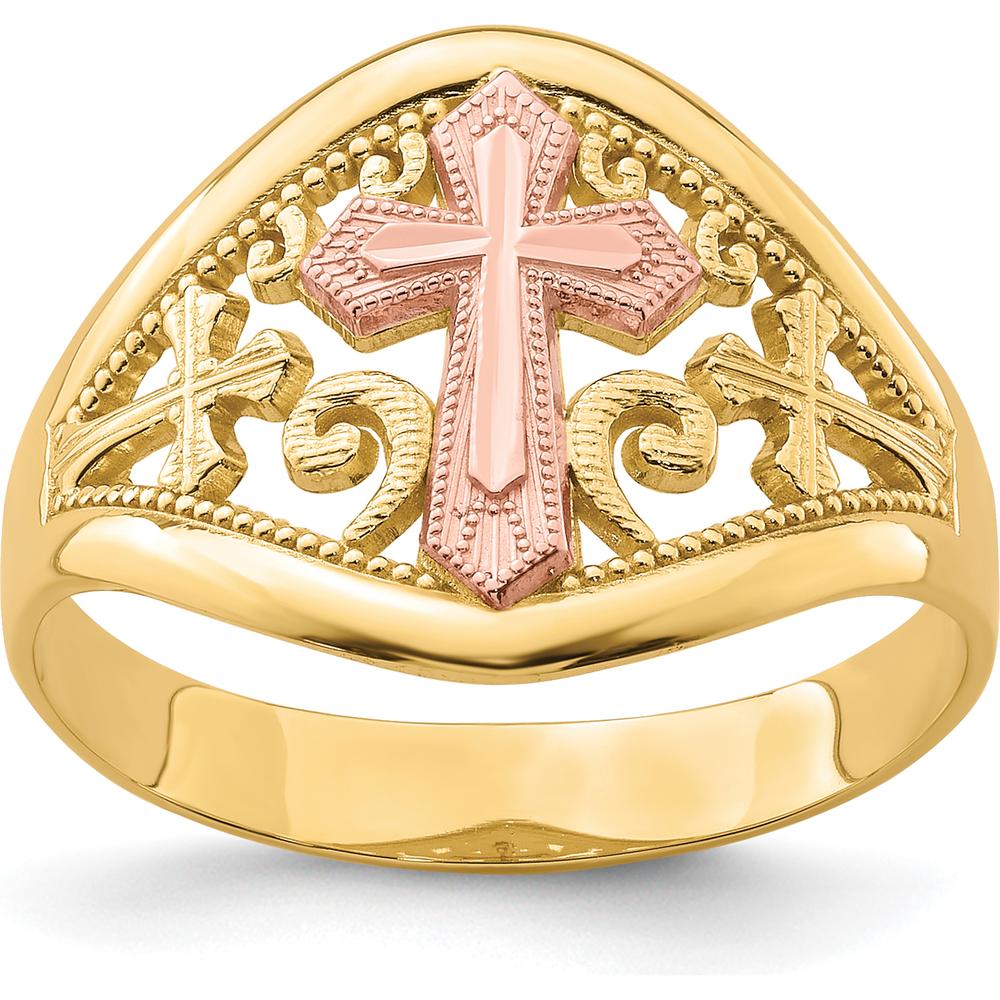 10K Two-Tone Cross Ring in Yellow and Pink Gold - Symbolic Religious Jewelry by Oro Pregiato