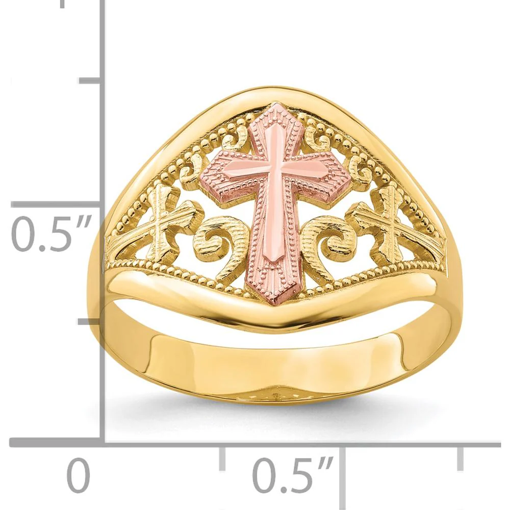 10K Two-Tone Cross Ring in Yellow and Pink Gold - Symbolic Religious Jewelry by Oro Pregiato - Image 4