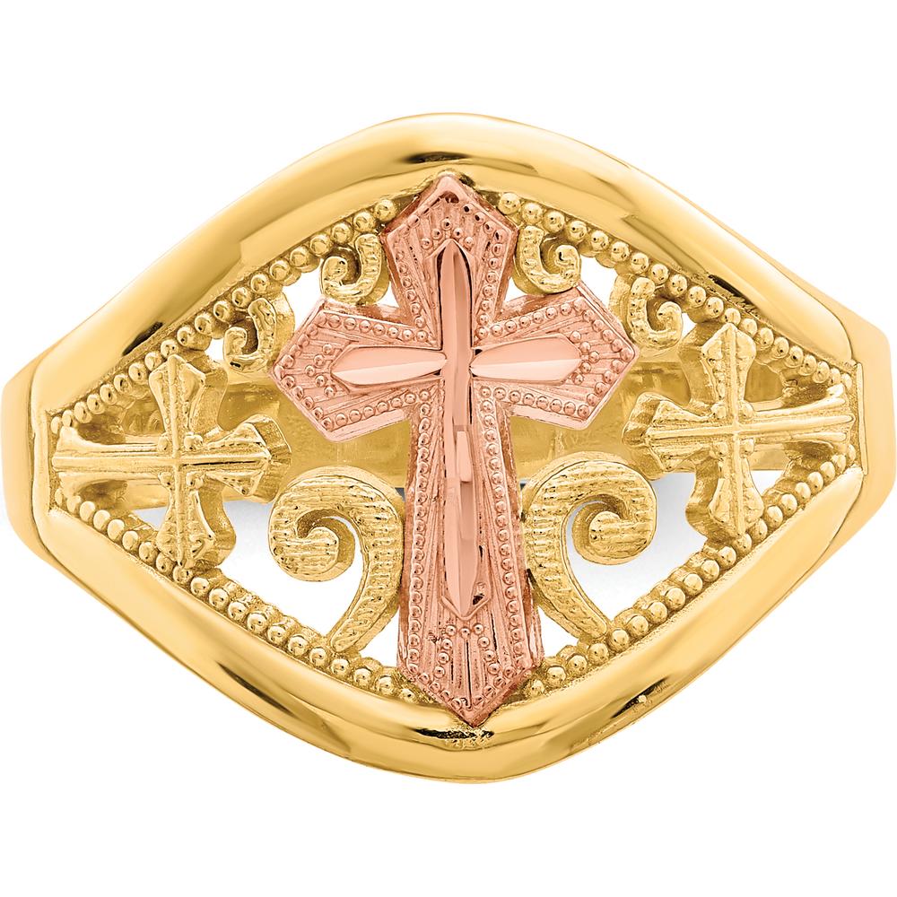 10K Two-Tone Cross Ring in Yellow and Pink Gold - Symbolic Religious Jewelry by Oro Pregiato - Image 5