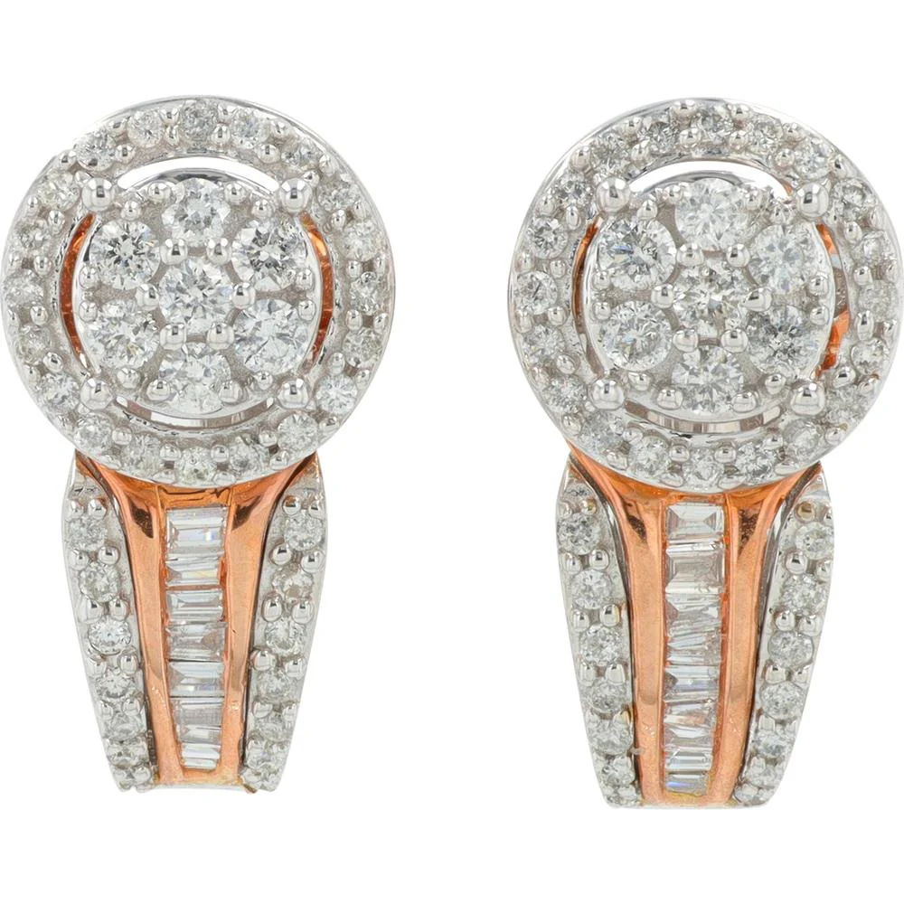 10K White & Rose Gold 1 Carat Diamond Halo Stud Earrings with Baguette Accents - Image 2