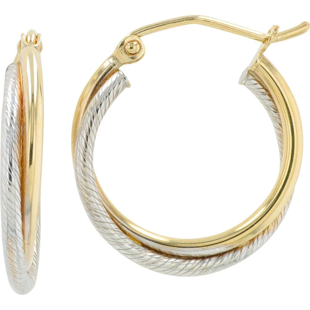 10K White & Yellow Gold Crossover Hoop Earrings - 3x18mm Width