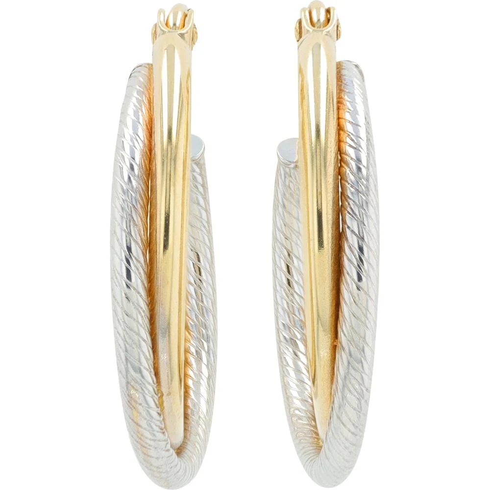 10K White & Yellow Gold Crossover Hoop Earrings - 3x18mm Width - Image 2