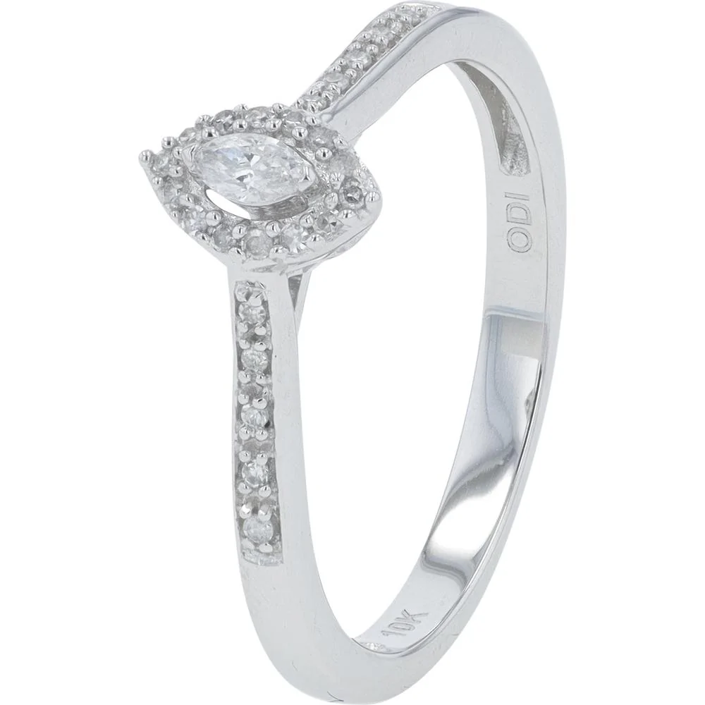 10K White Gold 0.12 Carat Marquise Diamond Halo Engagement Ring with Pavé Diamonds