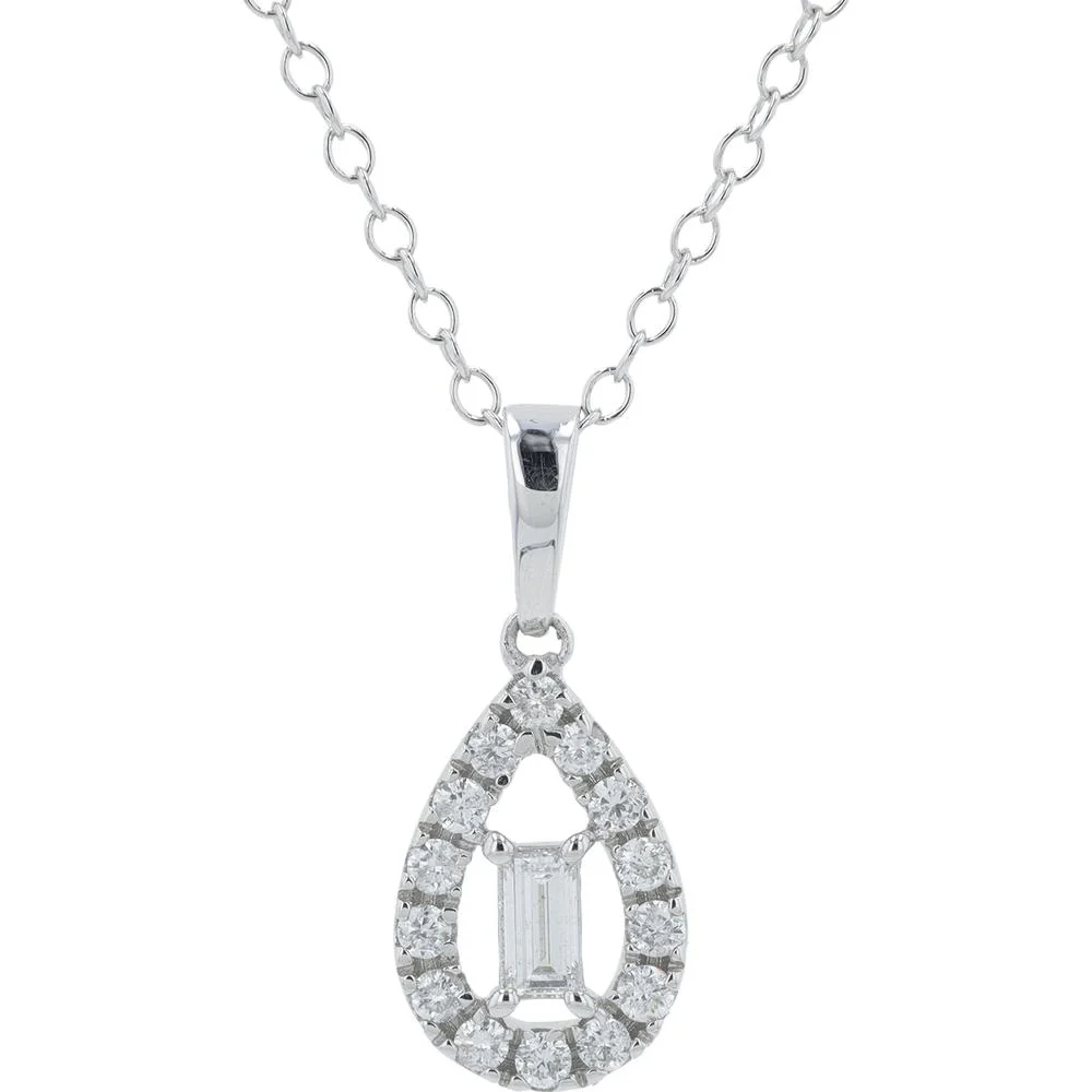 10K White Gold 0.25 Carat Total Diamond Teardrop Pendant with Baguette Center Stone