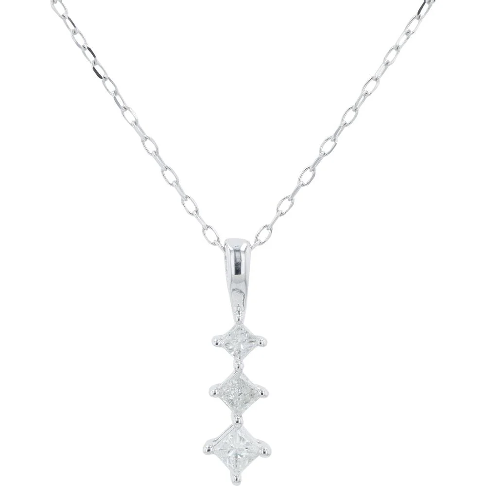 10K White Gold 0.25 Carat Total Weight Three - Prong Set Princess Cut Diamond Pendant Necklace
