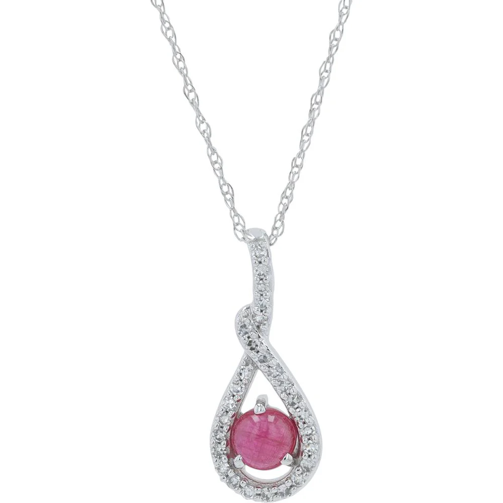 10K White Gold 0.42 Carat Cabochon Ruby Necklace with 0.09 Carat Diamond Halo Pendant
