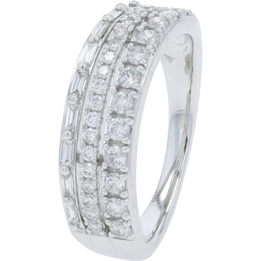 10K White Gold 0.62 Carat Total Diamond Multi - Row Ring with Round and Baguette Diamonds