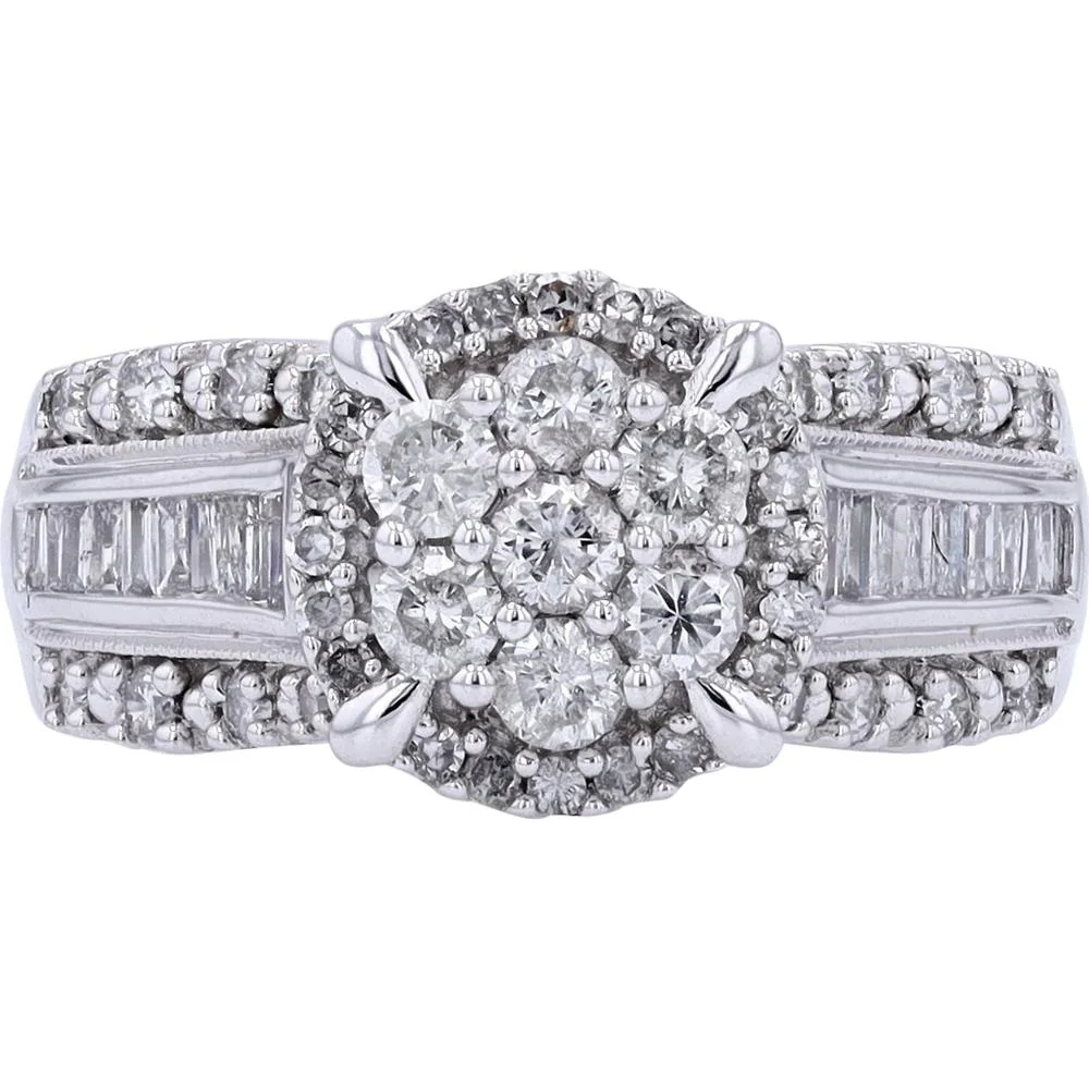 10K White Gold 1.00 Carat Total Diamond Cluster Ring with Halo and Baguette Accents