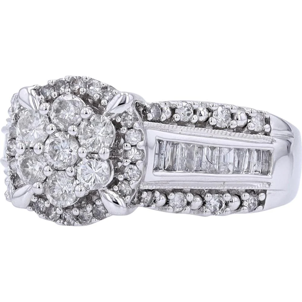 10K White Gold 1.00 Carat Total Diamond Cluster Ring with Halo and Baguette Accents - Image 2