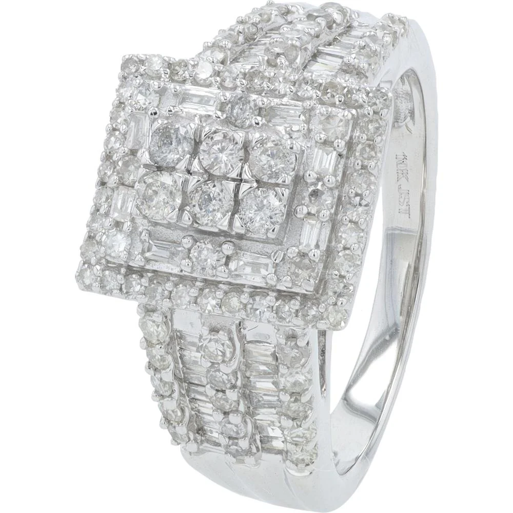 10K White Gold 1.00 Carat Total Weight Diamond Halo Ring with Baguette and Round Diamonds