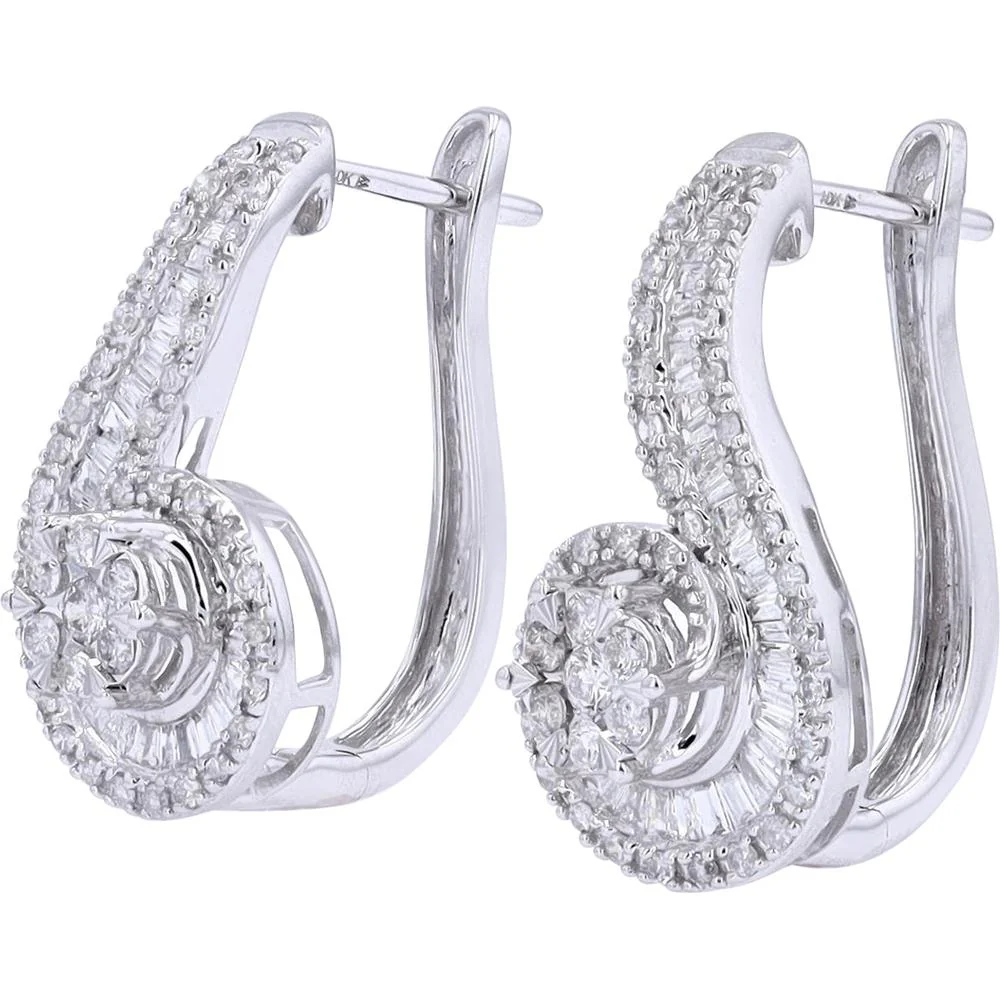 10K White Gold 1.00 Carat Total Weight Swirl Diamond Drop Earrings - Image 2