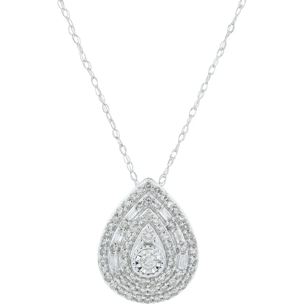 10K White Gold 1/2 Carat Diamond Pear - Shaped Drop Pendant - Layered Baguette and Round Diamonds