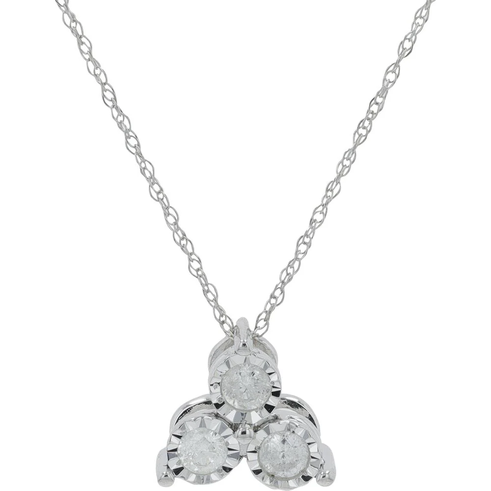 10K White Gold 1/4 Carat Diamond Three Stone Pendant Necklace - Bezel Set