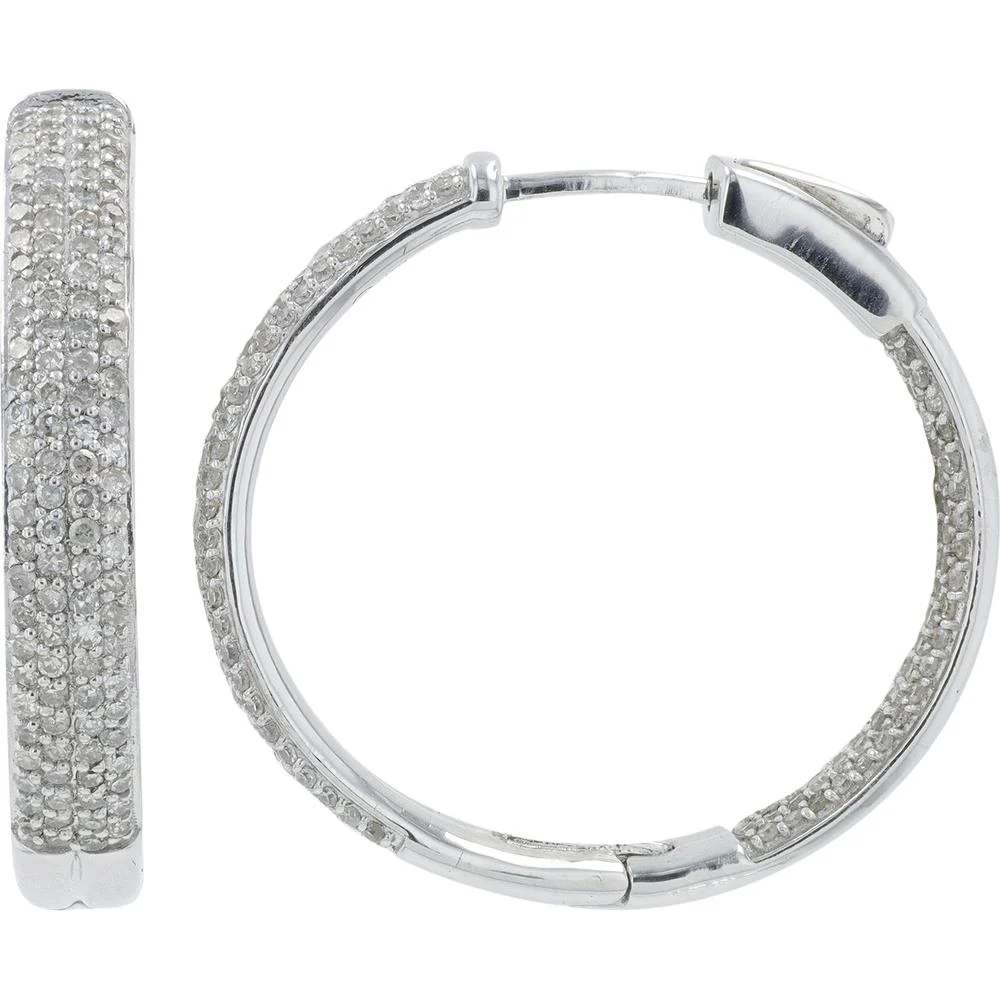 10K White Gold 1.50 Carat Diamond Inside - Out Hoop Earrings - 1" Diameter - Image 2