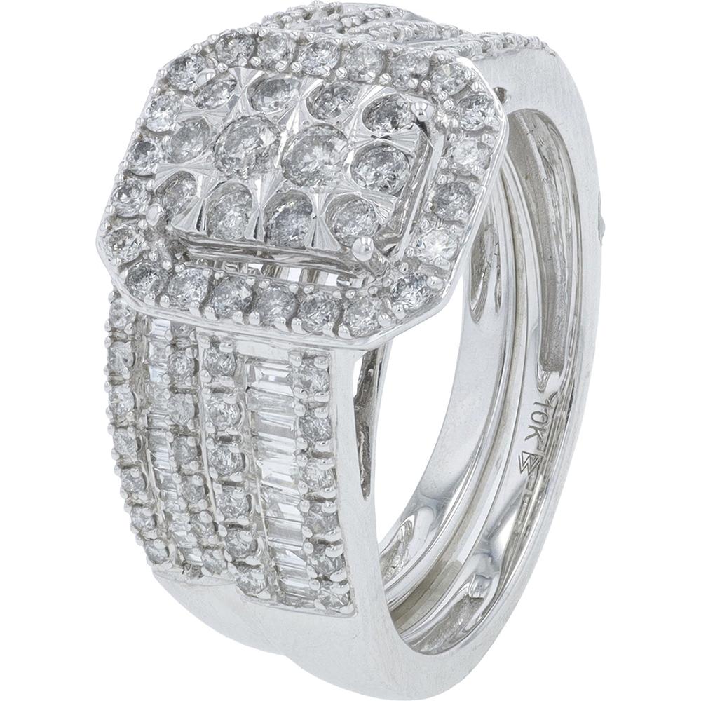 10K White Gold 1 Carat Diamond Bridal Ring with Halo and Baguette Accents - 1.00 Carat Total Diamond Weight