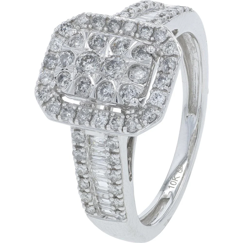 10K White Gold 1 Carat Diamond Bridal Ring with Halo and Baguette Accents - 1.00 Carat Total Diamond Weight - Image 2
