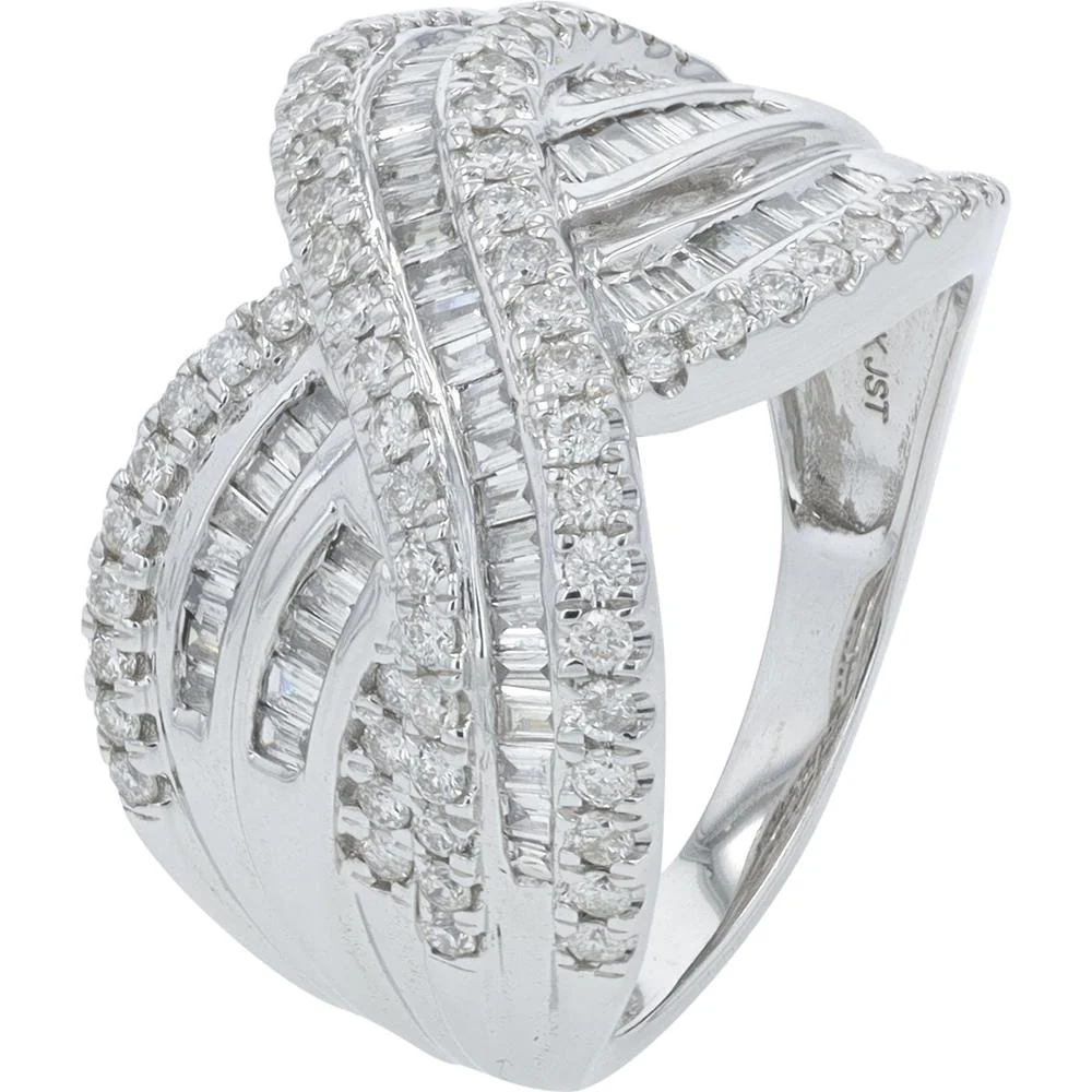 10K White Gold 1 Carat Total Weight Diamond Crossover Ring with Round and Baguette Diamonds