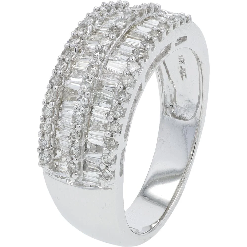 10K White Gold 1 Carat Total Weight Diamond Ring with Baguette and Round Diamonds