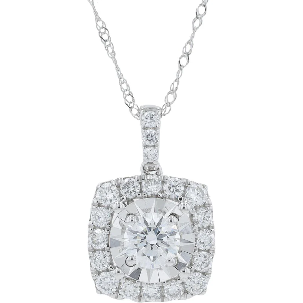10K White Gold 1 Carat Total Weight Round Lab Grown Diamond Halo Pendant