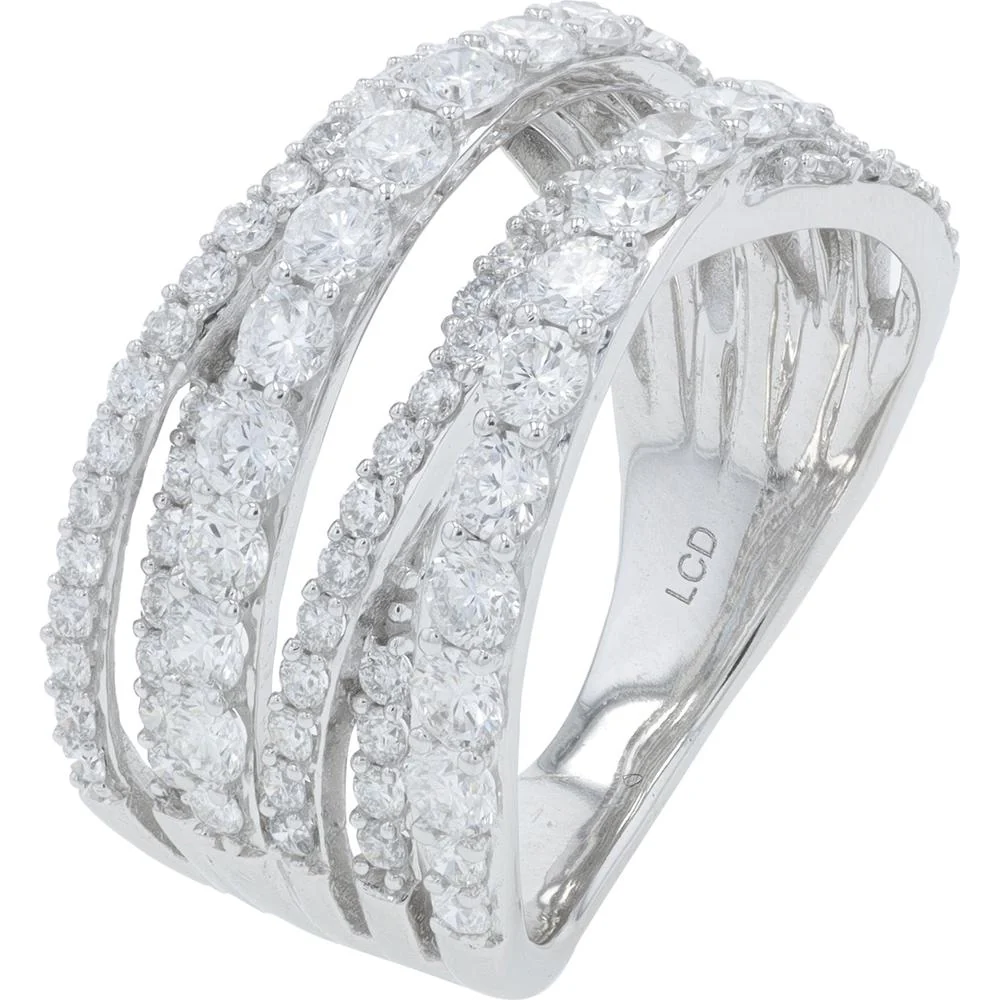 10K White Gold 2 Carat Total Weight Lab Grown Diamond Crossover Ring with Prong Set Round Diamonds