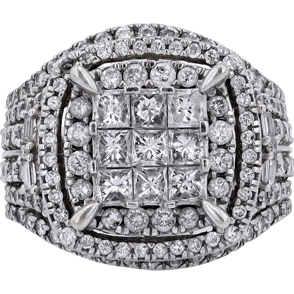 10K White Gold 3.00 Carat Total Diamond Cluster Ring with Princess and Round Cut Diamonds