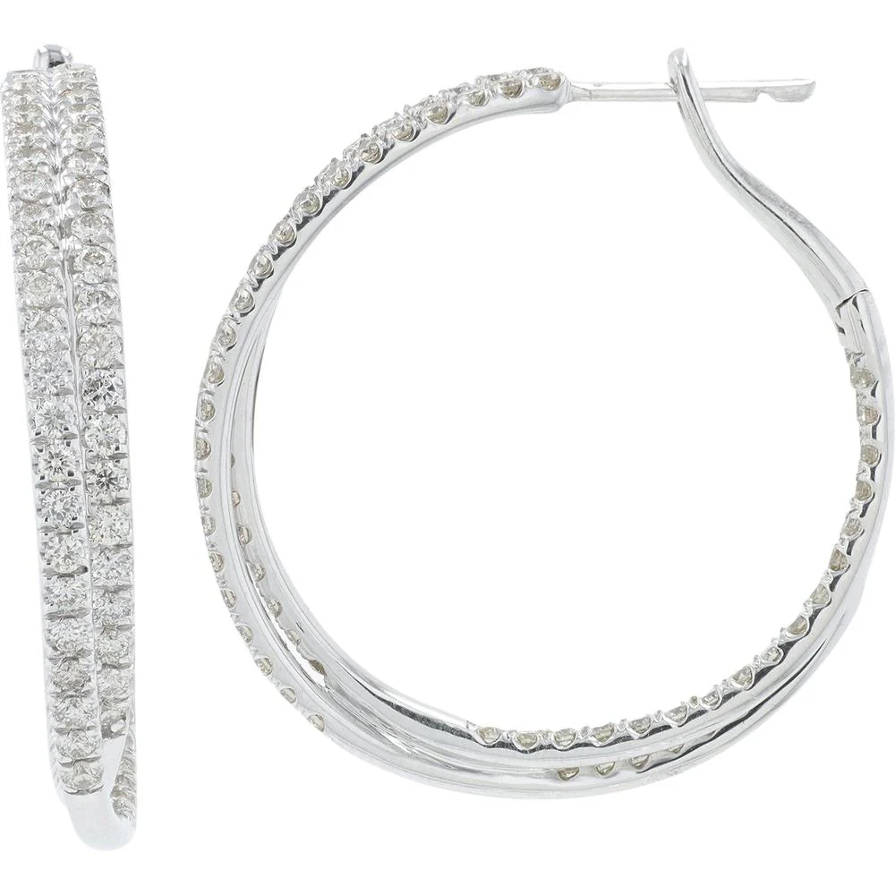 10K White Gold 3 Carat Diamond Inside - Out Crossover Hoops - 3.00 Carat Total Diamond Weight - Image 2