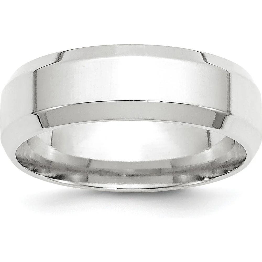 10K White Gold 7mm Beveled Edge Comfort Fit Wedding Band with Polished Rhodium Finish - Size 10 by Luciano & Cie