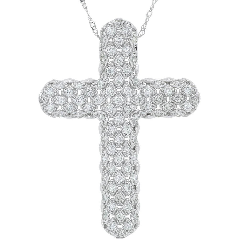 10K White Gold Cross Pendant with 1 Carat Total Weight Lab Grown Diamonds