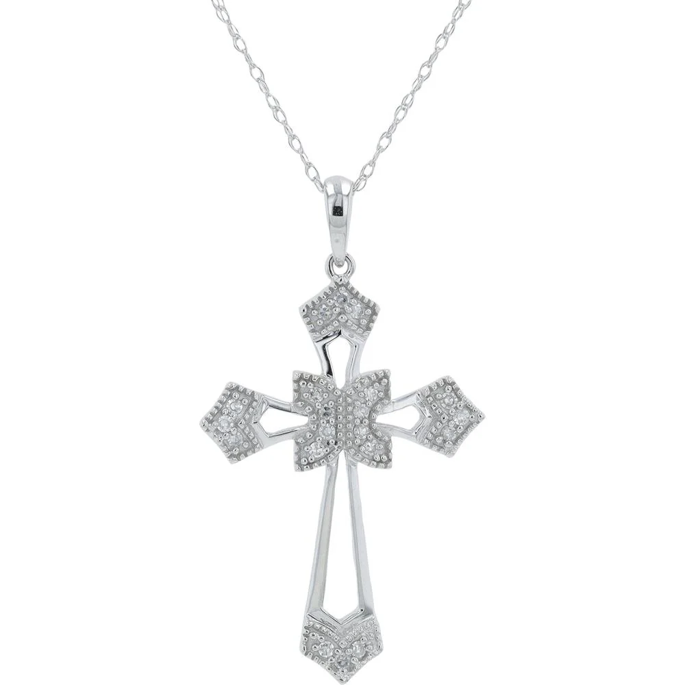10K White Gold Diamond Cross Pendant - 0.10 Carat Total Diamond Weight