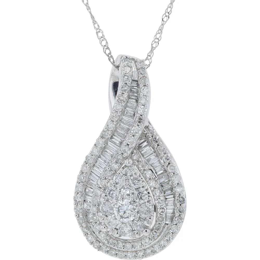 10K White Gold Diamond Pendant with 1.00 Carat Total Round and Baguette Diamonds