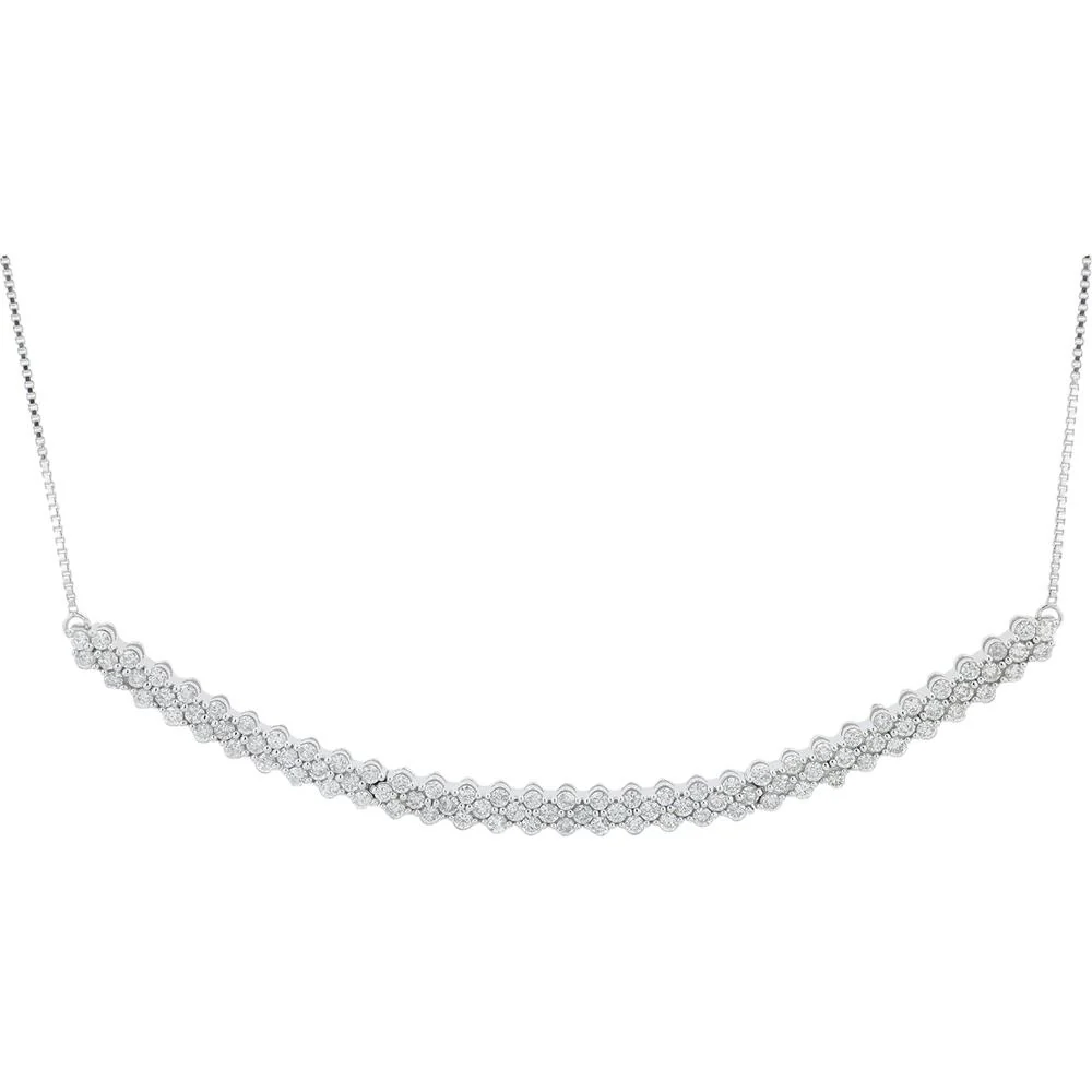 10K White Gold Diamond Station Necklace with 1.00 Carat Total Round Diamonds