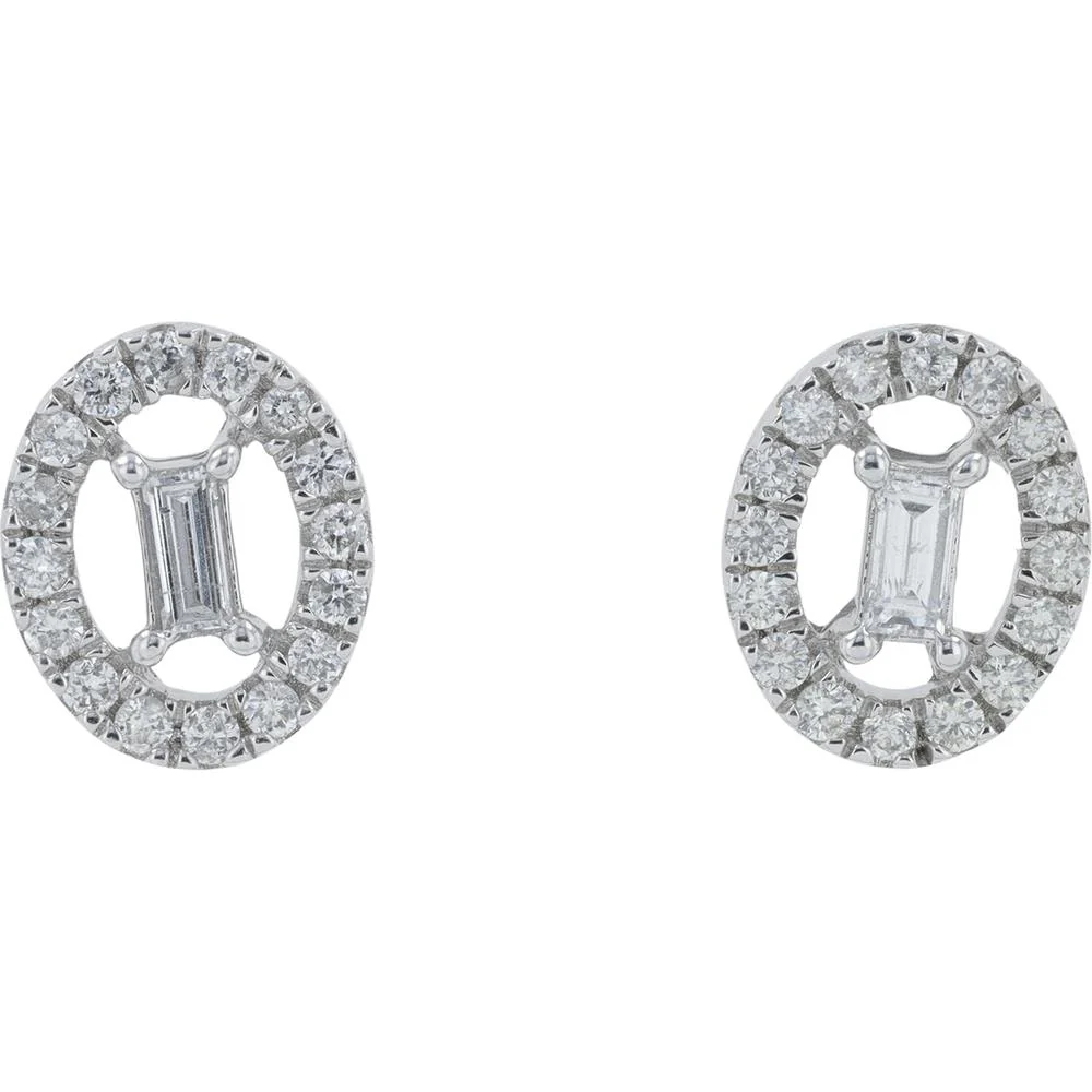 10K White Gold Diamond Stud Earrings with Baguette Center and Halo Round Diamonds - 0.25 Carat Total Diamond Weight