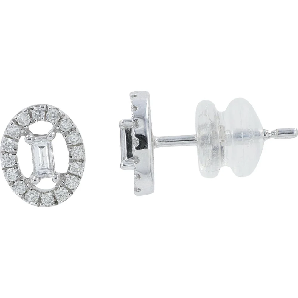 10K White Gold Diamond Stud Earrings with Baguette Center and Halo Round Diamonds - 0.25 Carat Total Diamond Weight - Image 2