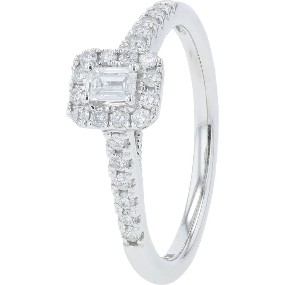 10K White Gold Engagement Ring with Emerald Cut Diamond and Halo of Round Diamonds - 0.38 Carat Total Diamond Weight