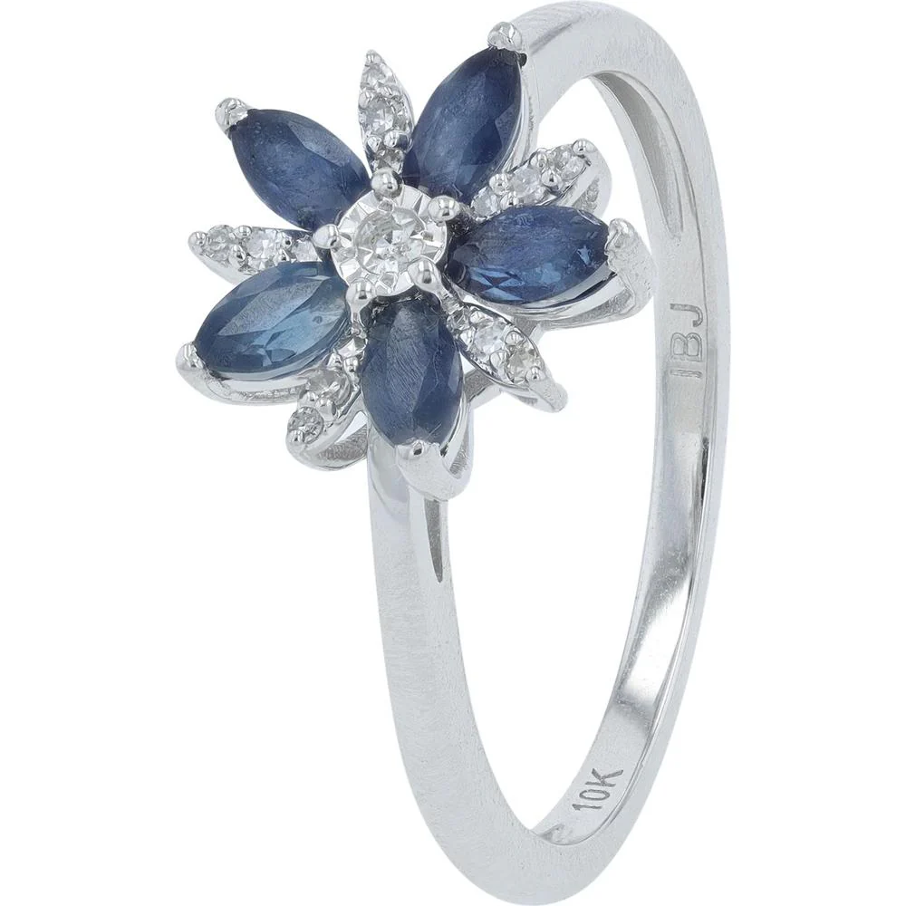 10K White Gold Floral Ring with Marquise Sapphire Petals and 0.06 Carat Round Diamond Center