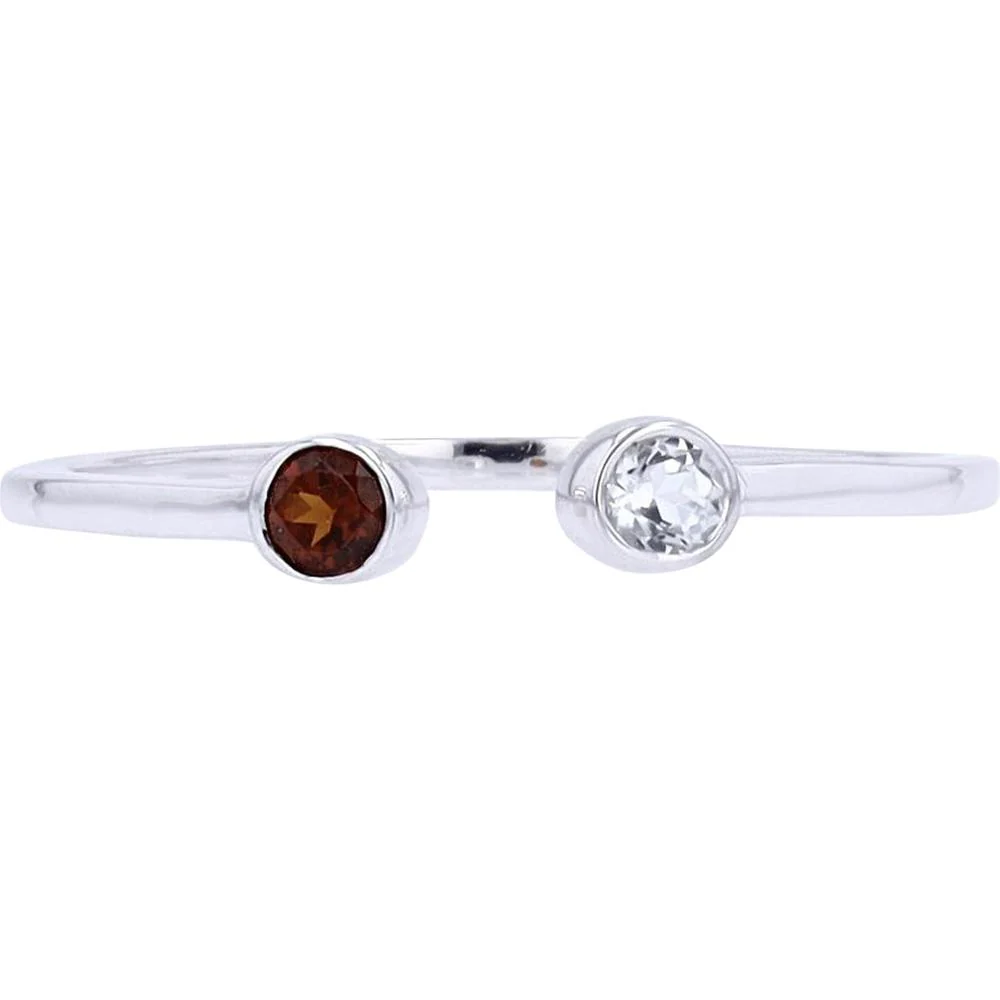 10K White Gold Gemstone Cuff Ring with Garnet and White Topaz