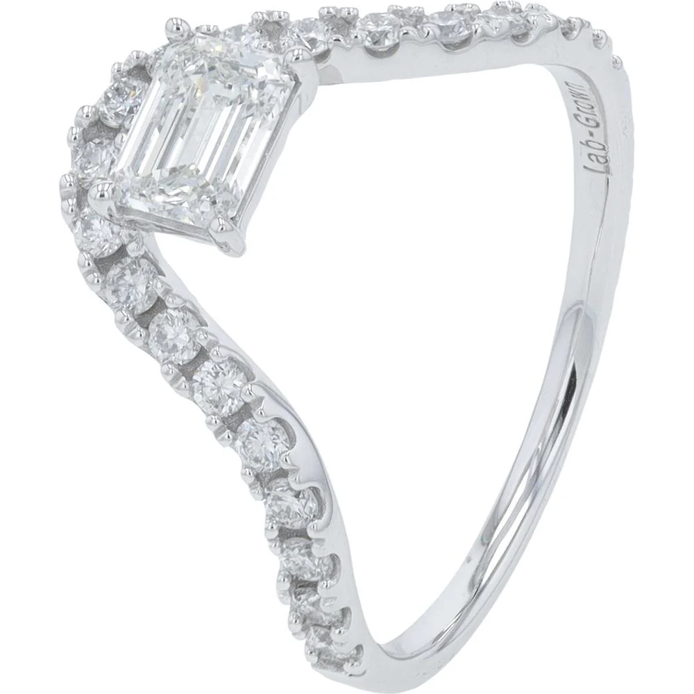 10K White Gold Lab Grown Diamond Ring with 1.00 Carat Emerald Cut Center and Round Diamond Accents