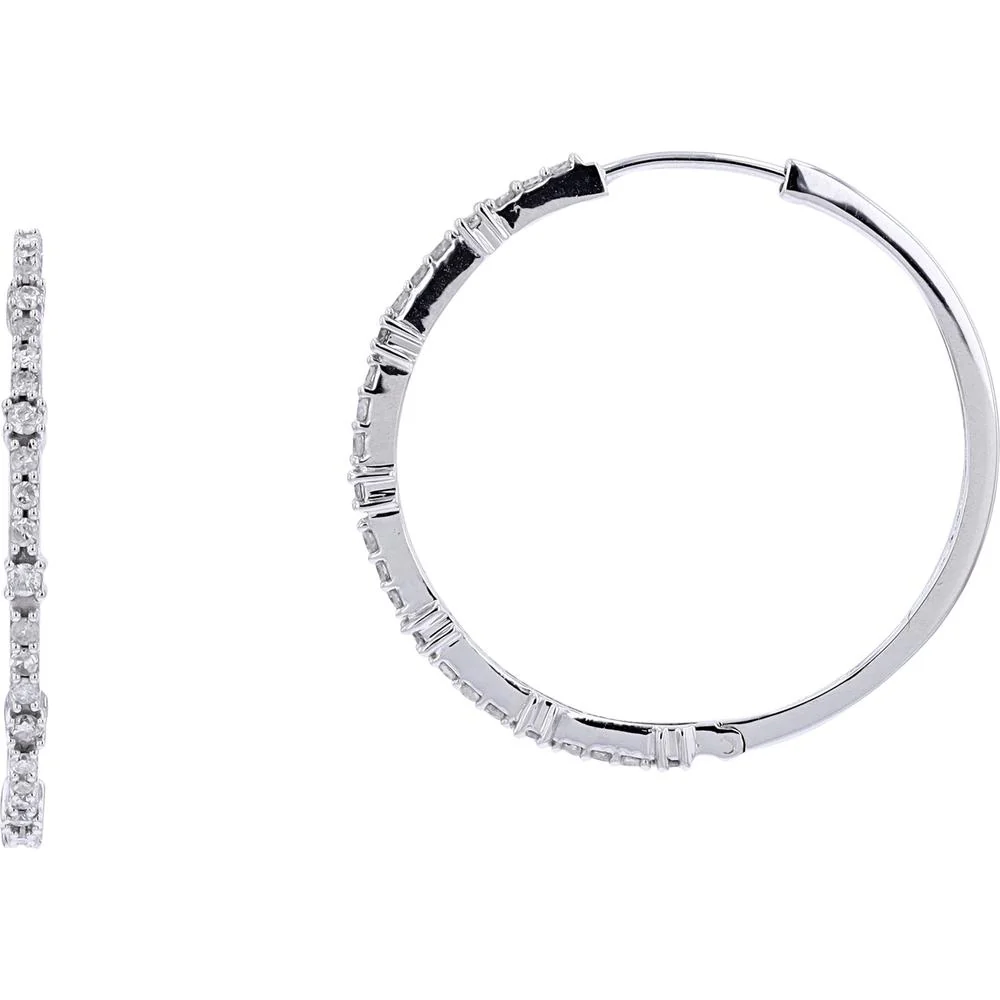 10K White Gold Medium Hoop Earrings with 0.50 Carat Prong Set Round Diamonds - 1/2 Carat Total Diamond Weight