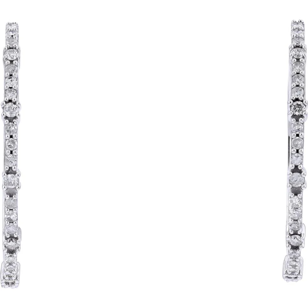 10K White Gold Medium Hoop Earrings with 0.50 Carat Prong Set Round Diamonds - 1/2 Carat Total Diamond Weight - Image 2