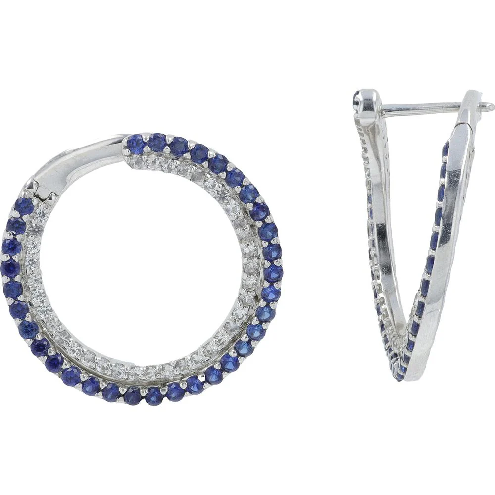 10K White Gold Medium Hoop Earrings with Prong Set Blue and White Sapphires - Total Gem Weight 1.0 Carat