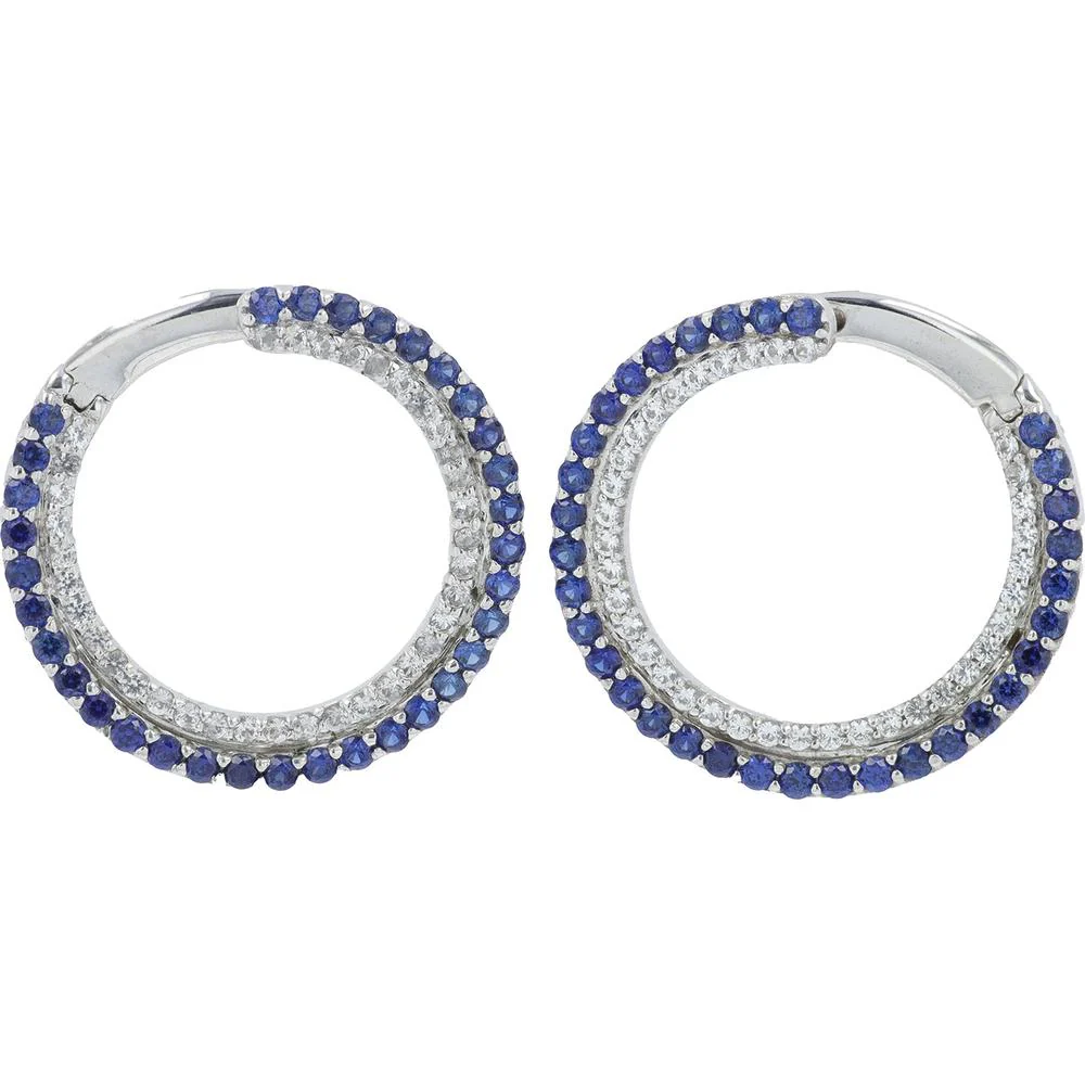 10K White Gold Medium Hoop Earrings with Prong Set Blue and White Sapphires - Total Gem Weight 1.0 Carat - Image 2
