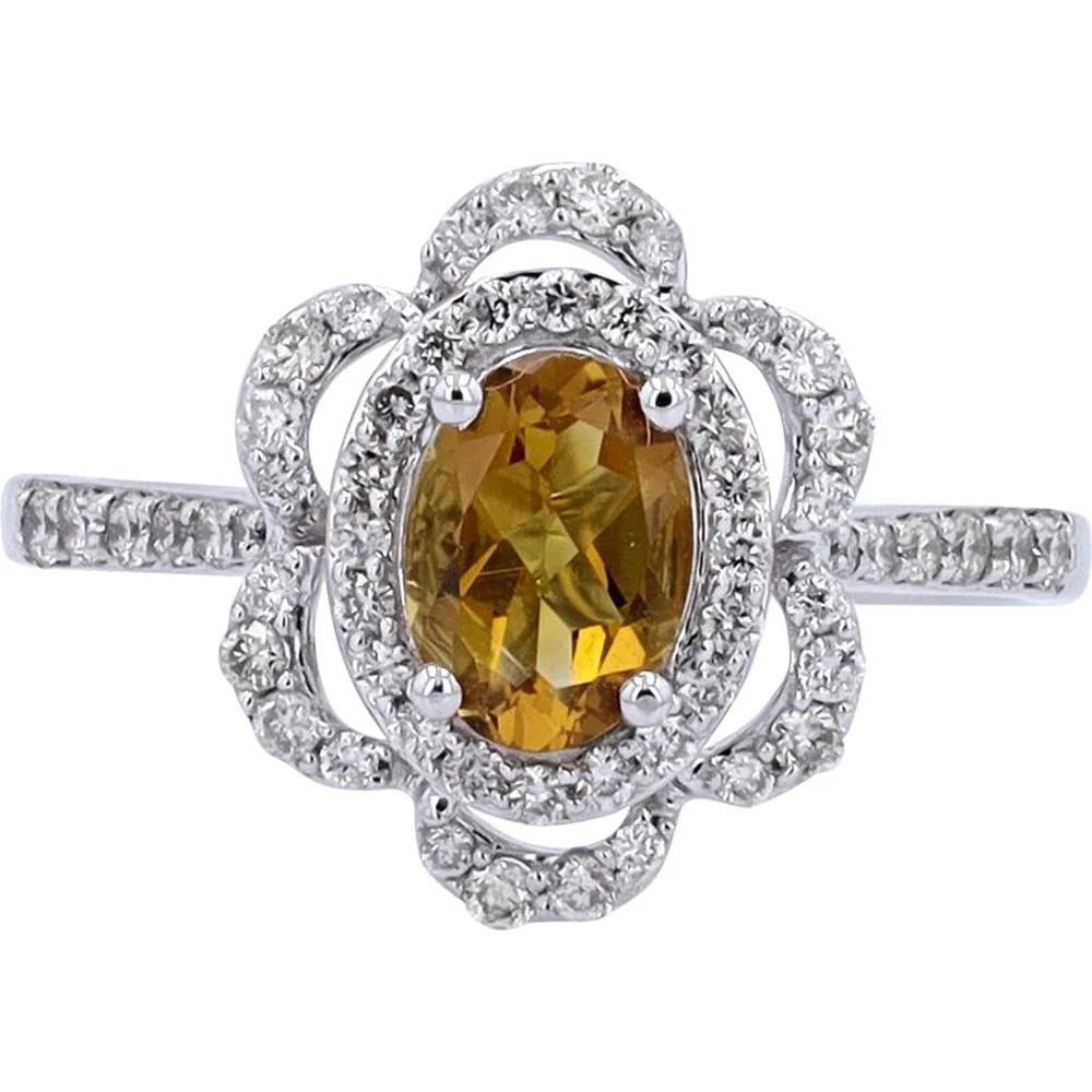 10K White Gold Oval Citrine Flower Ring with Diamond Halo - 0.66 Carat Total Gemstone Weight, 0.40 Carat Total Diamond Weight