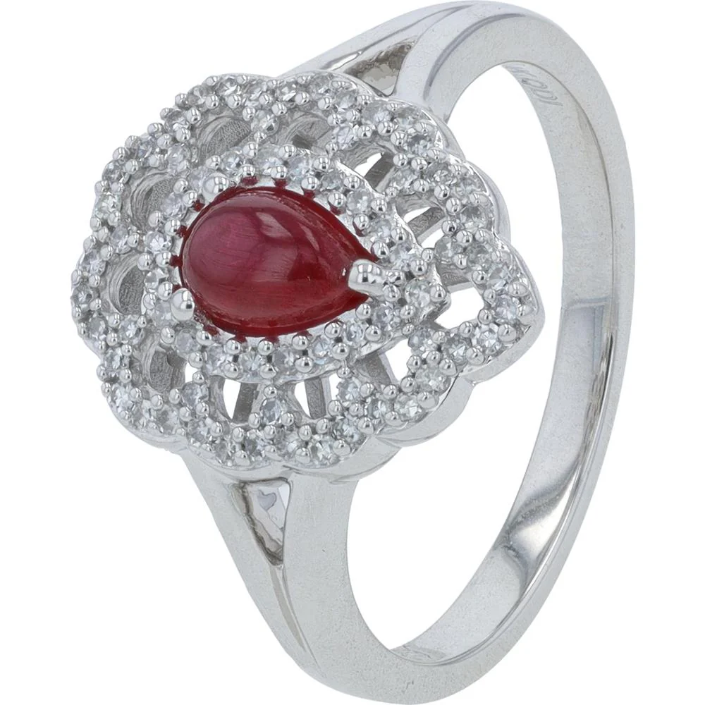 10K White Gold Pear - Shaped Ruby Ring with 0.20 Carat Diamond Halo - 0.70 Carat Total Ruby Weight