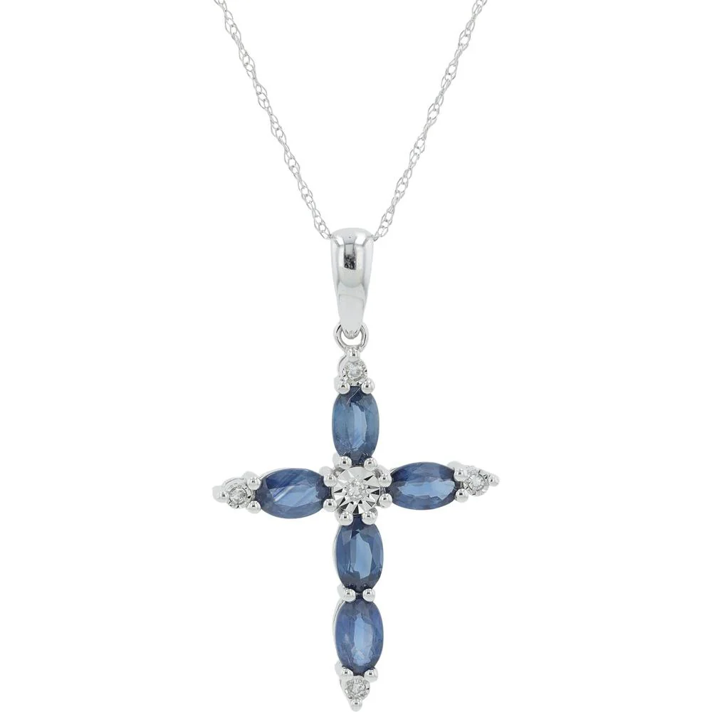 10K White Gold Sapphire Cross Pendant with 0.03 Carat Diamond Accents