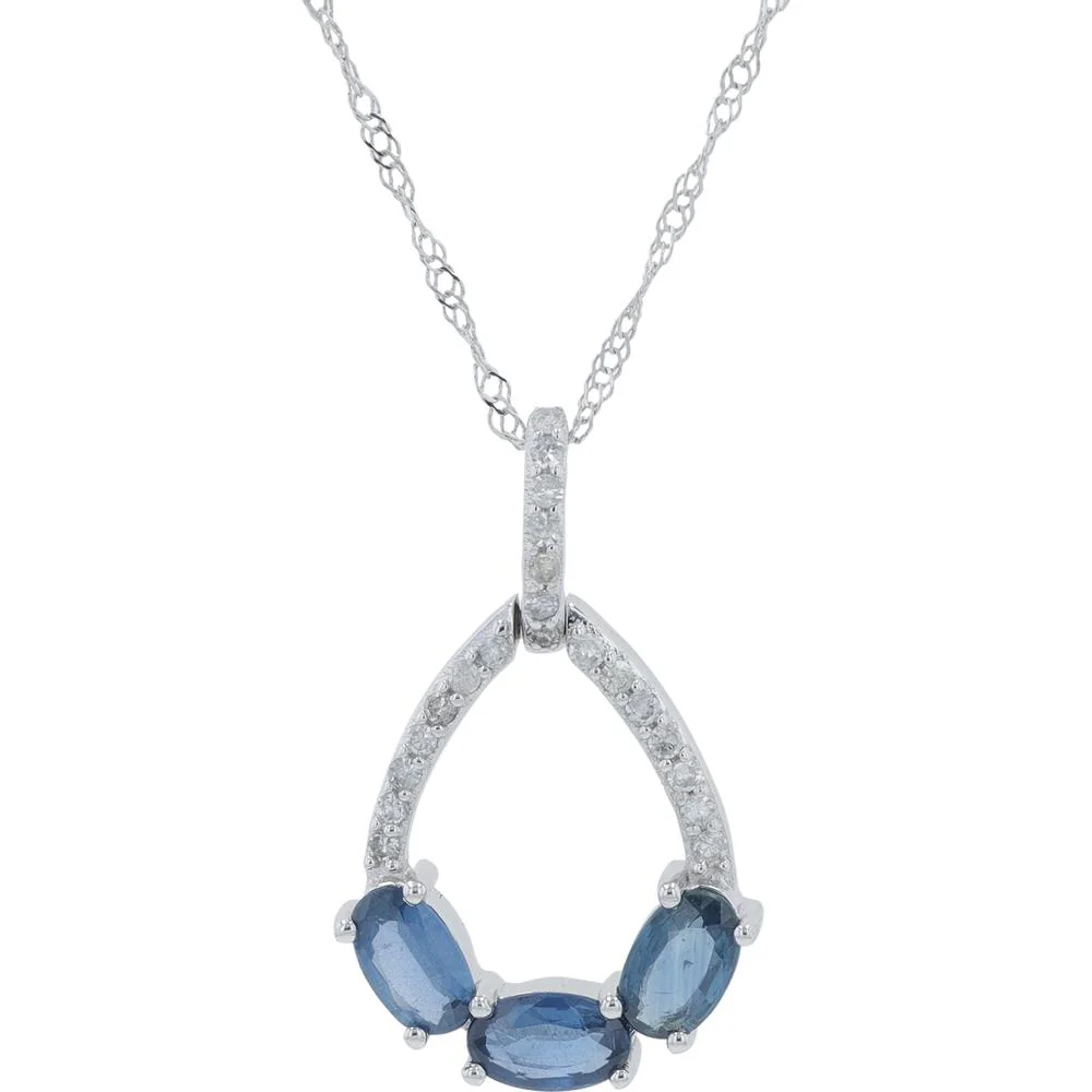 10K White Gold Sapphire Pendant with Diamond Halo - 0.10 Carat Total Diamond Weight