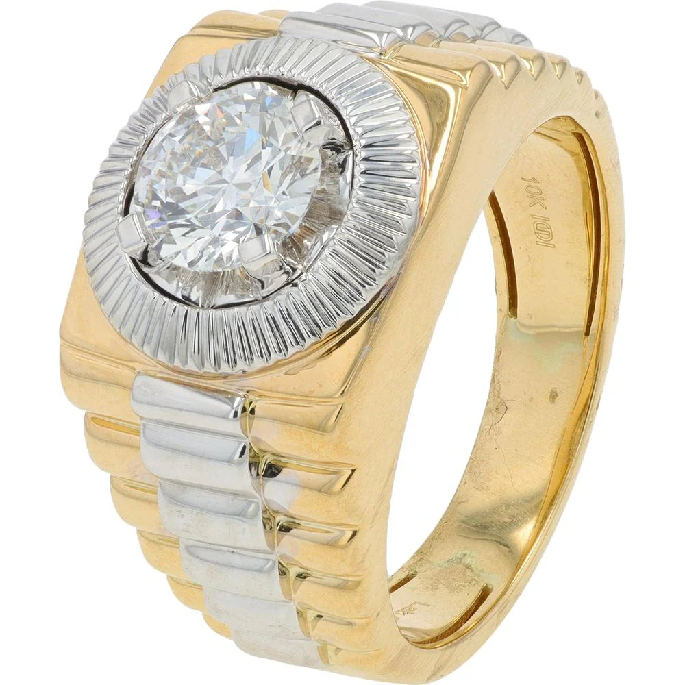10K Yellow and White Gold Men's Ring with 1.25 Carat Lab Grown Round Diamond