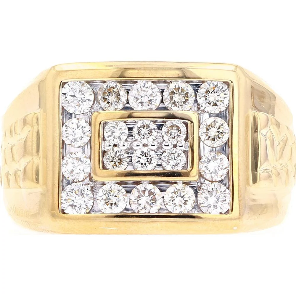 10K Yellow Gold 1.00 Carat Total Diamond Gents Ring with Round Diamond Cluster Design