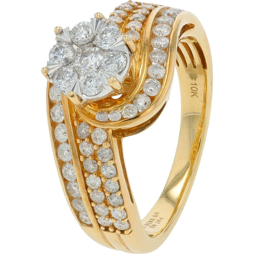 10K Yellow Gold 1 Carat Diamond Cluster Engagement Ring with Pavé Accents